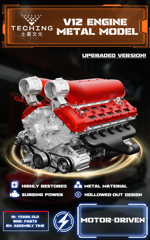 V12 On iki silindirli motor modeli, tüm metal montaj ve montaj, Mini motor oyuncağı başlayabilir